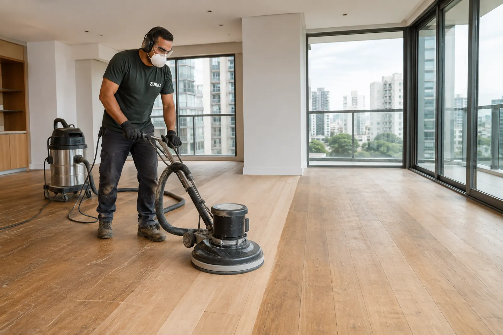 Profissional da Zurka raspando assoalho de madeira em apartamento em São Paulo com equipamento profissional e aspiração de pó