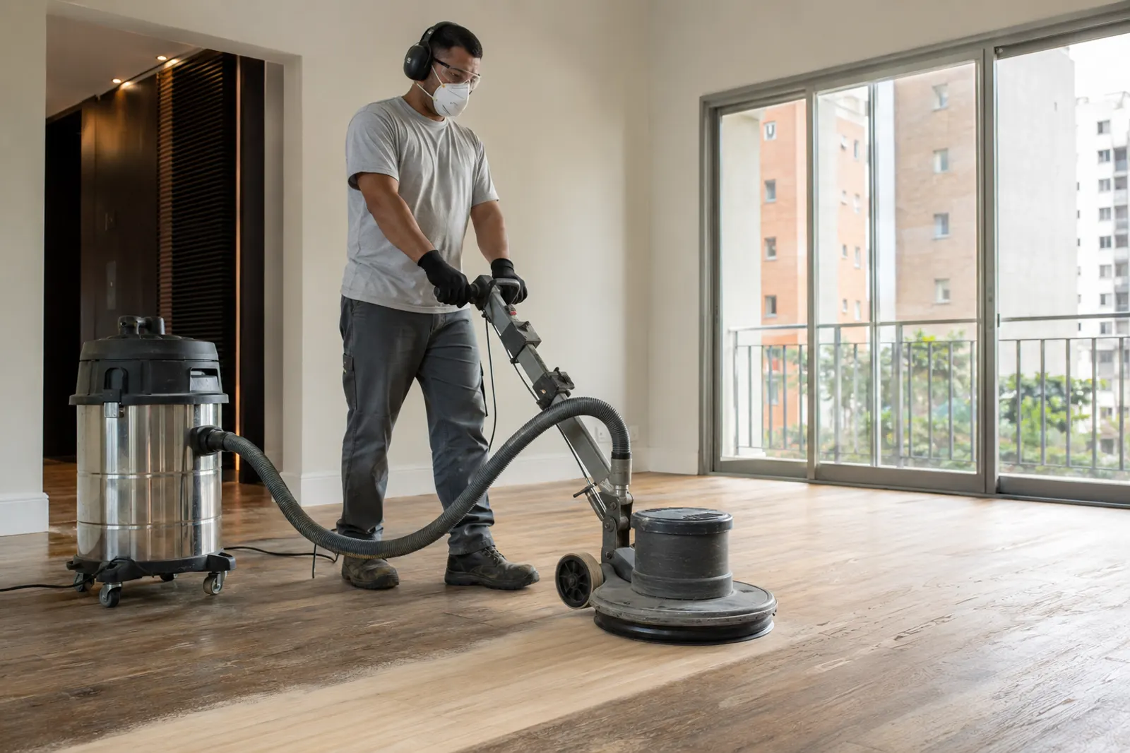 Profissional da Zurka operando raspadeira em assoalho de madeira de apartamento vazio